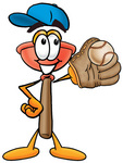 Clip Art Graphic of a Plumbing Toilet or Sink Plunger Cartoon Character Catching a Baseball With a Glove