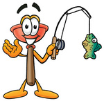 Clip Art Graphic of a Plumbing Toilet or Sink Plunger Cartoon Character Holding a Fish on a Fishing Pole