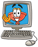 Clip Art Graphic of a Plumbing Toilet or Sink Plunger Cartoon Character Waving From Inside a Computer Screen
