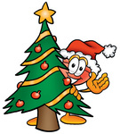 Clip Art Graphic of a Plumbing Toilet or Sink Plunger Cartoon Character Waving and Standing by a Decorated Christmas Tree