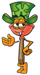 Clip Art Graphic of a Plumbing Toilet or Sink Plunger Cartoon Character Wearing a Saint Patricks Day Hat With a Clover on it