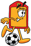 Clip Art Graphic of a Red and Yellow Sales Price Tag Cartoon Character Kicking a Soccer Ball