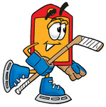 Clip Art Graphic of a Red and Yellow Sales Price Tag Cartoon Character Playing Ice Hockey