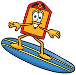 Clip Art Graphic of a Red and Yellow Sales Price Tag Cartoon Character Surfing on a Blue and Yellow Surfboard