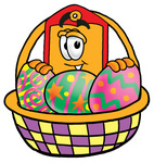 Clip Art Graphic of a Red and Yellow Sales Price Tag Cartoon Character in an Easter Basket Full of Decorated Easter Eggs