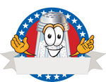 Clip Art Graphic of a Salt Shaker Cartoon Character on a Blank Logo Label With a White Banner, Red Background and Stars Over Blue