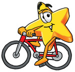 Clip Art Graphic of a Yellow Star Cartoon Character Riding a Red Bicycle