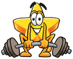 Clip Art Graphic of a Yellow Star Cartoon Character Lifting a Heavy Barbell