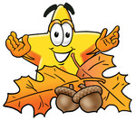 Clip Art Graphic of a Yellow Star Cartoon Character With Autumn Leaves and Acorns in the Fall