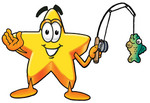 Clip Art Graphic of a Yellow Star Cartoon Character Holding a Fish on a Fishing Pole While Fishing
