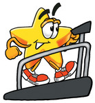 Clip Art Graphic of a Yellow Star Cartoon Character Getting a Good Workout While Walking on a Treadmill in a Fitness Gym