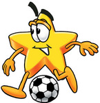 Clip Art Graphic of a Yellow Star Cartoon Character Kicking a Soccer Ball During a Game