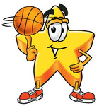 Clip Art Graphic of a Yellow Star Cartoon Character Spinning a Basketball on the Tip of His Finger