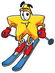 Clip Art Graphic of a Yellow Star Cartoon Character Skiing Downhill
