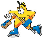 Clip Art Graphic of a Yellow Star Cartoon Character Skating on Ice Skates and Carrying a Stick During an Ice Hockey Game