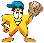 Clip Art Graphic of a Yellow Star Cartoon Character Catching a Baseball With a Glove