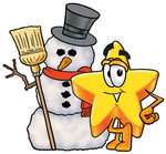 Clip Art Graphic of a Yellow Star Cartoon Character With a Snowman on Christmas