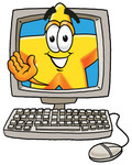 Clip Art Graphic of a Yellow Star Cartoon Character Waving From Inside a Computer Screen