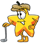 Clip Art Graphic of a Yellow Star Cartoon Character Leaning on a Golf Club While Golfing