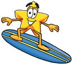 Clip Art Graphic of a Yellow Star Cartoon Character Surfing on a Blue and Yellow Surfboard