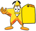 Clip Art Graphic of a Yellow Star Cartoon Character Holding a Blank Yellow Sales Price Tag