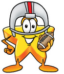 Clip Art Graphic of a Yellow Star Cartoon Character in a Helmet, Holding a Football