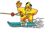 Clip Art Graphic of a Yellow Star Cartoon Character Waving While Speeding Past on Waterskis