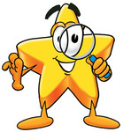 Clip Art Graphic of a Yellow Star Cartoon Character Looking Through a Magnifying Glass