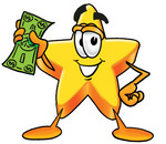 Clip Art Graphic of a Yellow Star Cartoon Character Holding a Dollar Bill