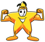 Clip Art Graphic of a Yellow Star Cartoon Character Flexing His Arm Muscles