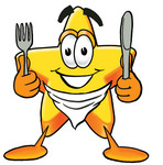 Clip Art Graphic of a Yellow Star Cartoon Character Holding a Knife and Fork