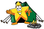 Clip Art Graphic of a Yellow Star Cartoon Character Camping With a Tent and Fire