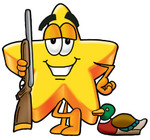 Clip Art Graphic of a Yellow Star Cartoon Character Duck Hunting, Standing With a Rifle and Duck