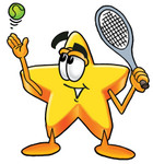 Clip Art Graphic of a Yellow Star Cartoon Character Preparing to Hit a Tennis Ball