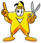 Clip Art Graphic of a Yellow Star Cartoon Character Holding a Pair of Scissors