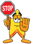 Clip Art Graphic of a Yellow Star Cartoon Character Holding a Stop Sign