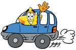 Clip Art Graphic of a Yellow Star Cartoon Character Driving a Blue Car and Waving