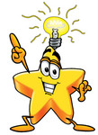 Clip Art Graphic of a Yellow Star Cartoon Character With a Lightbulb Over His Head While Getting an Idea