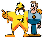 Clip Art Graphic of a Yellow Star Cartoon Character Talking to a Business Man