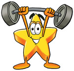 Clip Art Graphic of a Yellow Star Cartoon Character Holding a Heavy Barbell Above His Head