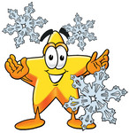 Clip Art Graphic of a Yellow Star Cartoon Character Surrounded by Falling Snowflakes in Winter