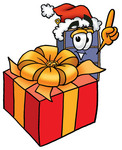 Clip Art Graphic of a Suitcase Luggage Cartoon Character Standing by a Christmas Present