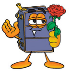 Clip Art Graphic of a Suitcase Luggage Cartoon Character Holding a Red Rose on Valentines Day
