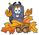 Clip Art Graphic of a Suitcase Luggage Cartoon Character With Autumn Leaves and Acorns in the Fall
