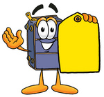 Clip Art Graphic of a Suitcase Luggage Cartoon Character Holding a Yellow Sales Price Tag