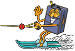 Clip Art Graphic of a Suitcase Luggage Cartoon Character Waving While Water Skiing