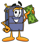 Clip Art Graphic of a Suitcase Luggage Cartoon Character Holding a Dollar Bill