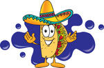 Clip Art Graphic of a Crunchy Hard Taco Character Wearing a Sombrero and Standing in Front of a Blue Paint Splatter on a Logo