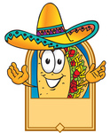 Clip Art Graphic of a Crunchy Hard Taco Character Wearing a Sombrero on a Blank Tan Label