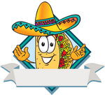 Clip Art Graphic of a Crunchy Hard Taco Character Wearing a Sombrero on a Blank Label Logo With a White Banner and Blue Diamond